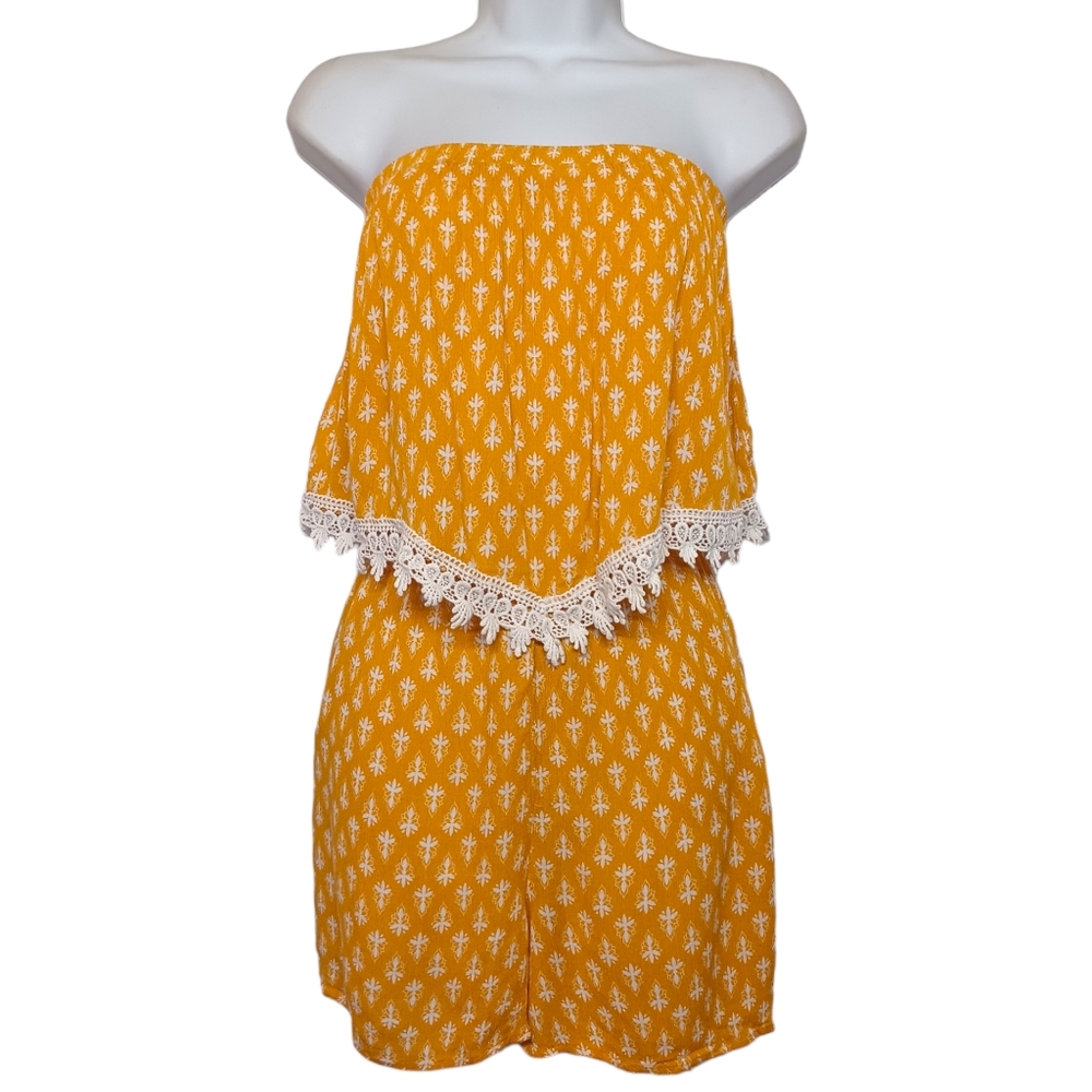 XHILARATION White Print Strapless Mustard Yellow Stretchy Romper Large